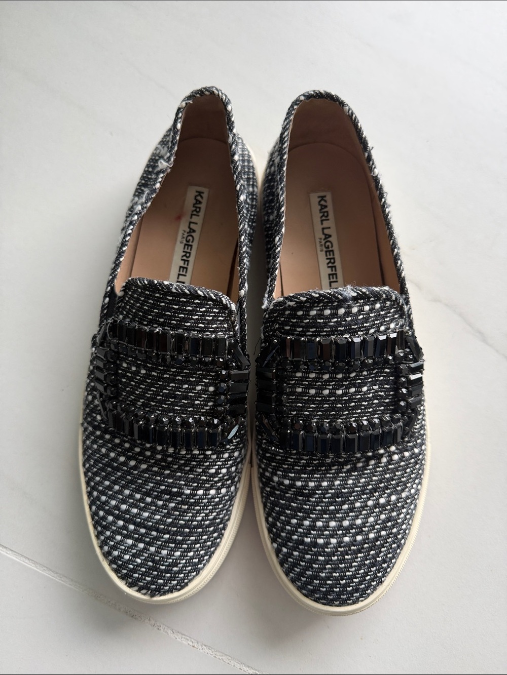 Karl Lagerfeld Black & White Tweed Slip-On Loafers with Beaded Trim